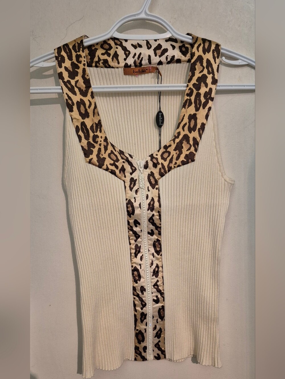Belldini Cream Ribbed Tank with Leopard Trim Accent Sz.L NWT